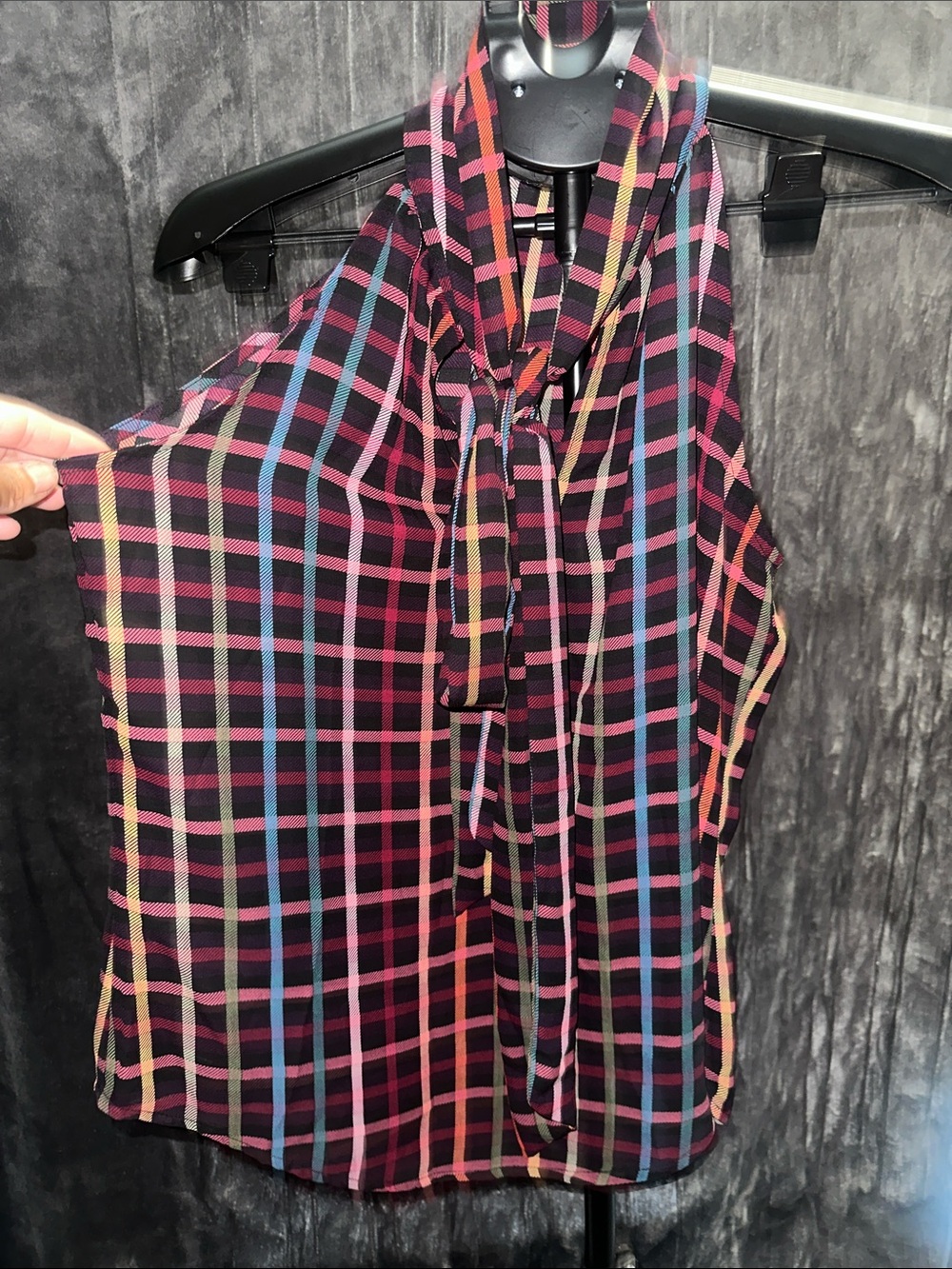 7th Avenue Plaid Tie-Neck Blouse in Purple & Pink